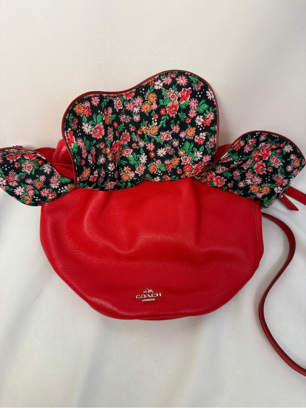 Coach Yankee Floral Bucket Bag in Bright Red Pebble Leather (Style F57543)